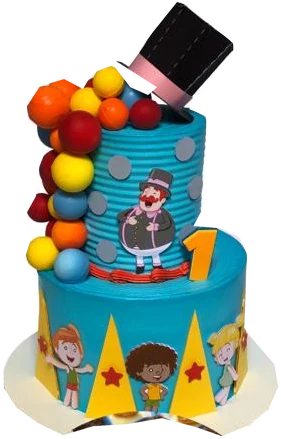 Bolo real da New Doces com dois andares, tema de circo e decoração colorida